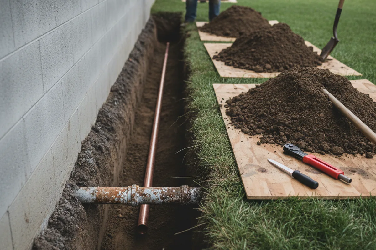 Excavated water line trench during Water Softener Installation in Round O